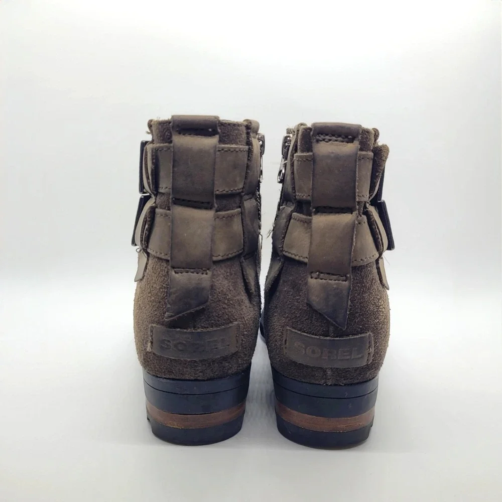 Sorel Phoenix Moto Ankle Boots Quarry Grey Leather Suede Buckle NL3080-245 7.5